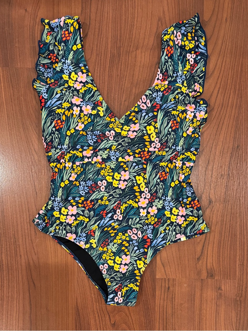 summersalt Navy Floral Ruffle-Shoulder One-Piece Swimsuit size 14